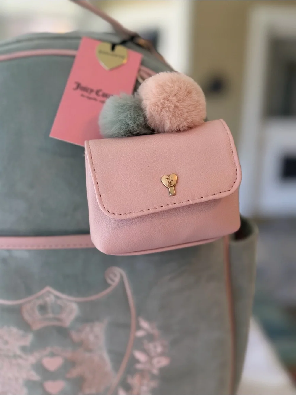 Juicy Couture Mint Green Velvet Backpack with Pink Trim & Pom Pouch